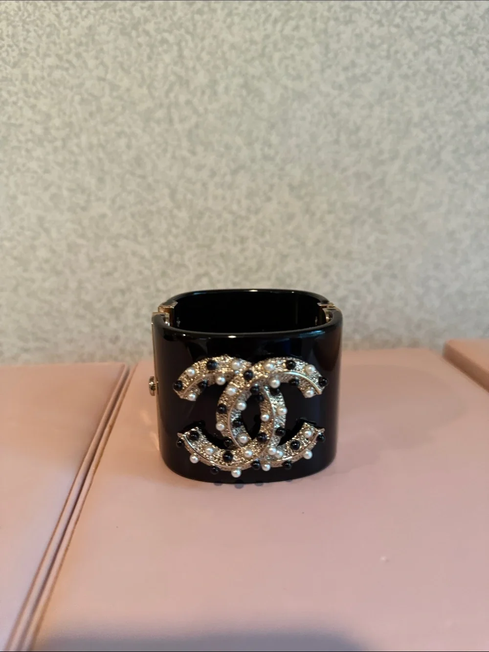 Black Jeweled Bangle Bracelet with Interlocking Logo Accent - Picture 5 of 5